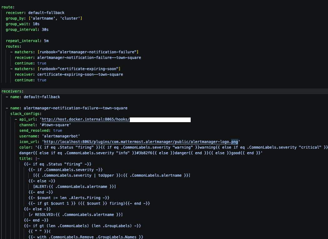 The pasted receiver + route in alertmanager.yml