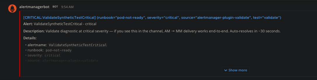 The synthetic end-to-end validation post in the channel