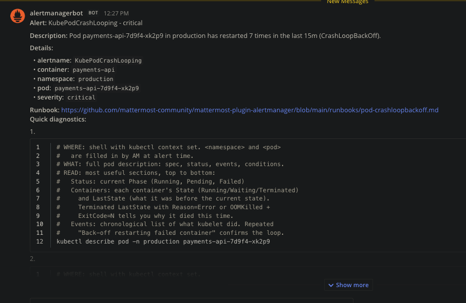 A rendered CrashLoopBackOff alert with runbook diagnostics